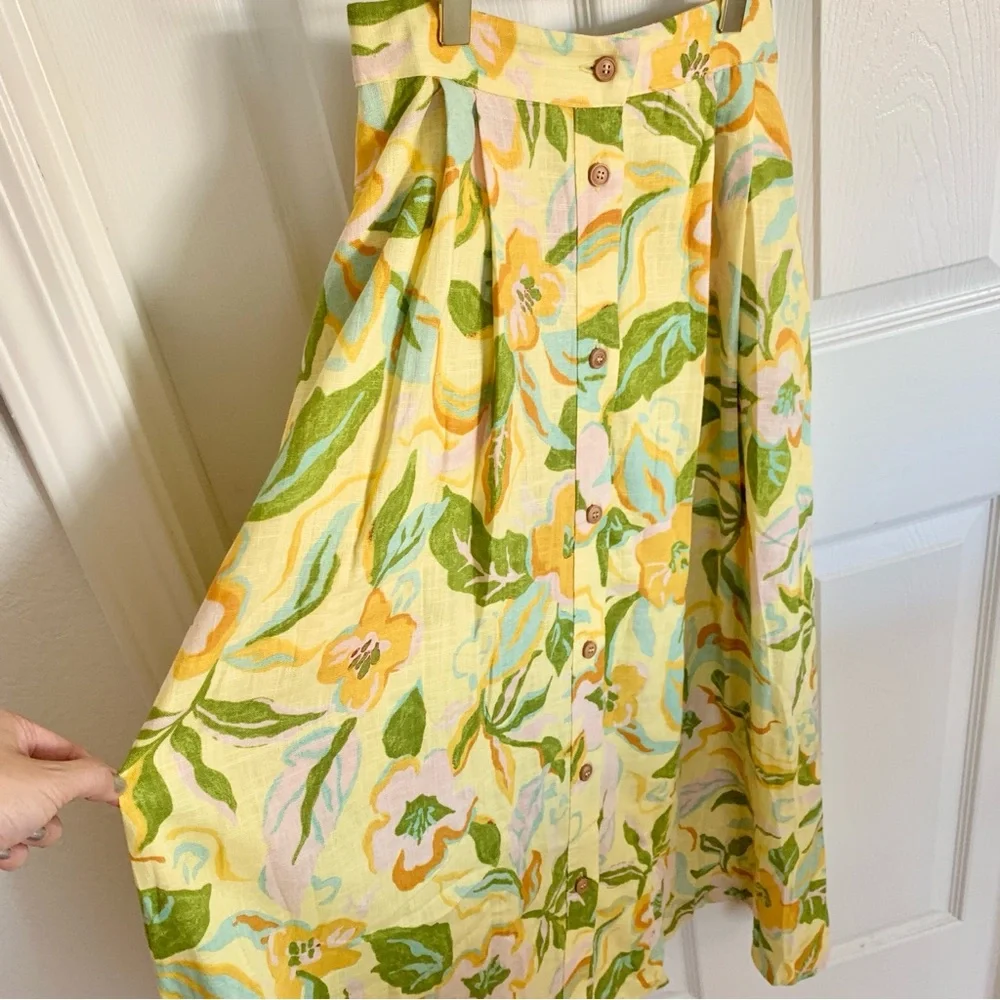 🌼 ZARA Printed Linen Crop Top Bustier Neckline Skirt Set Yellow Floral Print XS - Picture 5 of 16